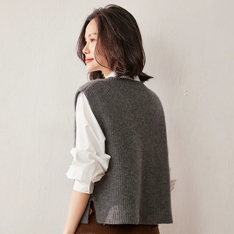Ribbed Cashmere Vest Women V-Neck Sleeveless Knit