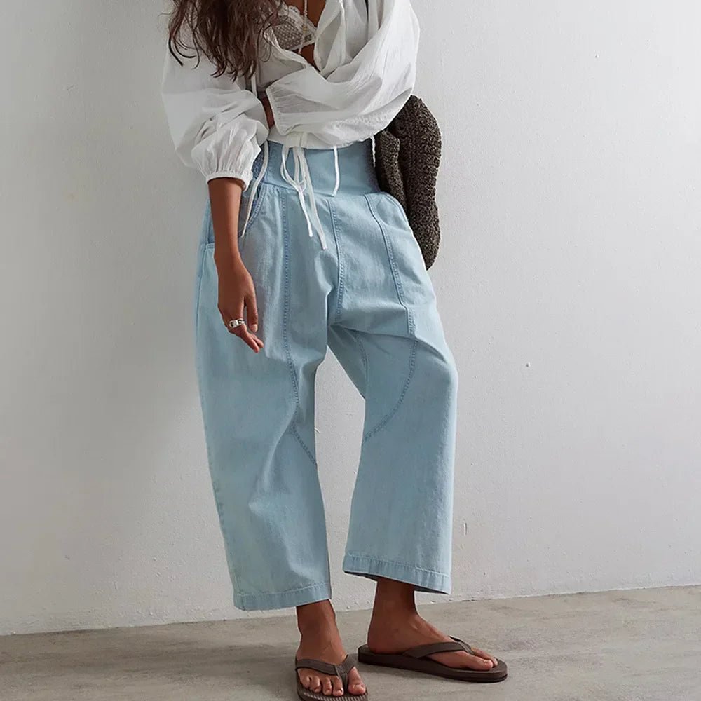 Women’s harem-cut wide-leg denim trousers, loose pull-on pants with relaxed fit and stylish design, by My Store.