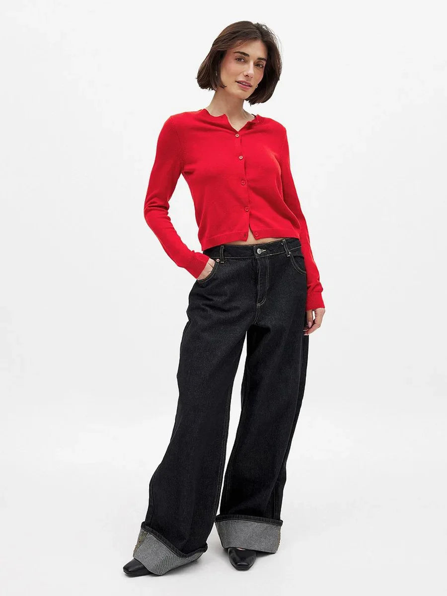 Knit Button Cardigan Women Round Neck Slim Fit