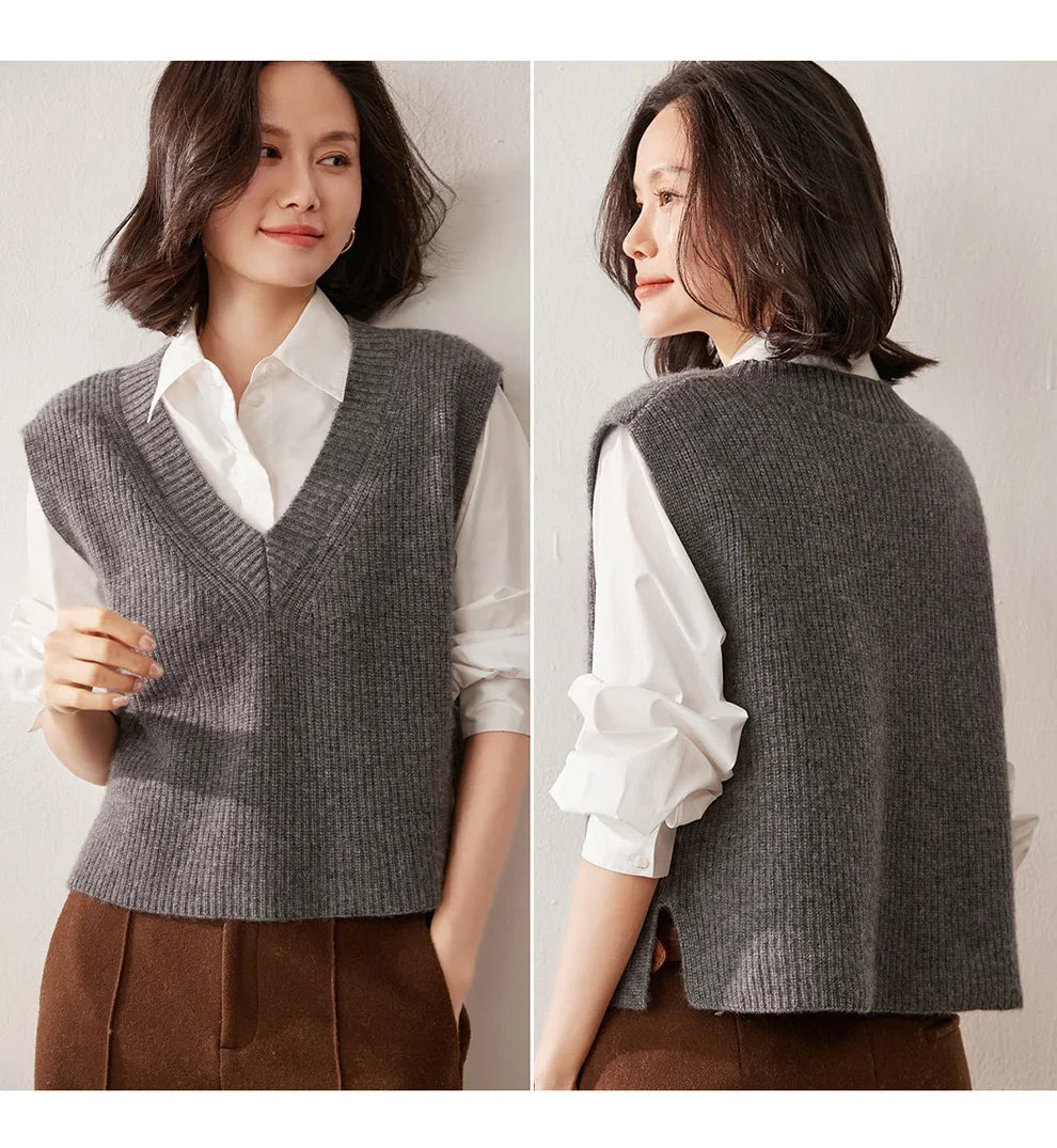 Ribbed Cashmere Vest Women V-Neck Sleeveless Knit