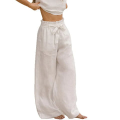 Loose linen wide-leg trousers for women, pull-on design, lightweight and comfortable, shown in soft beige fabric.
