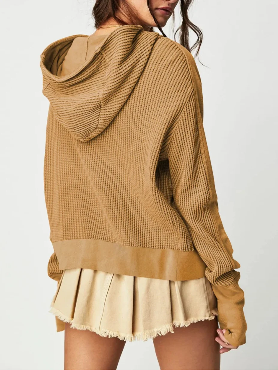 Cropped Waffle Hoodie Women Cotton Zip Front Hooded