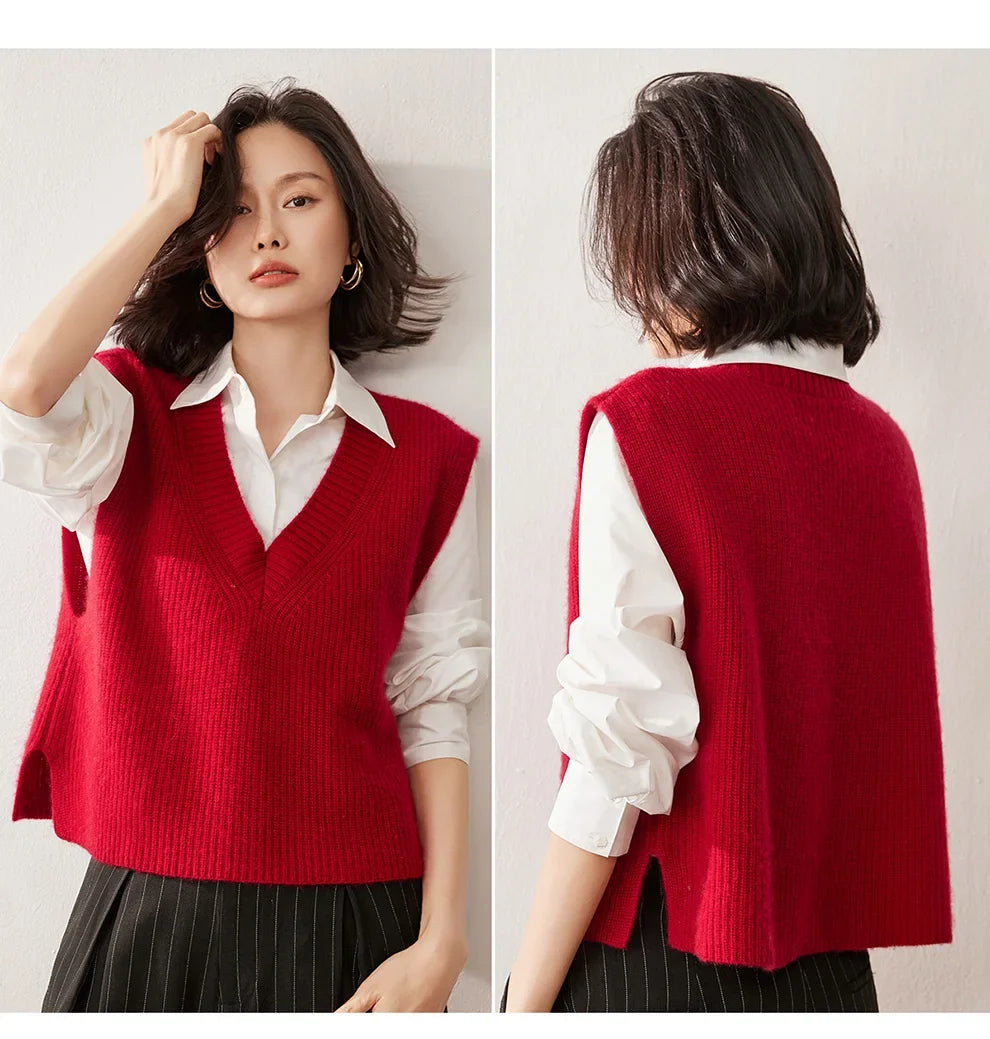 Ribbed Cashmere Vest Women V-Neck Sleeveless Knit