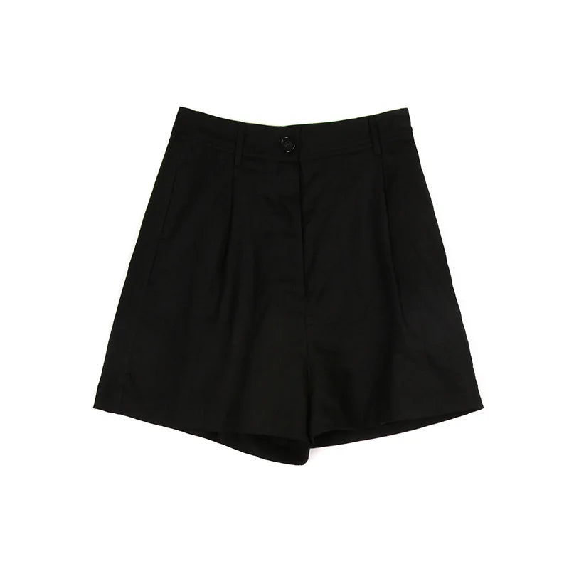Women’s high-waist pleated linen shorts, tailored office shorts in a neutral color, styled for a polished, professional look.