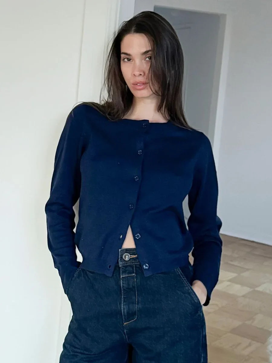 Knit Button Cardigan Women Round Neck Slim Fit