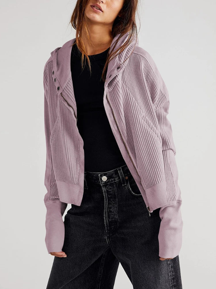 Cropped Waffle Hoodie Women Cotton Zip Front Hooded