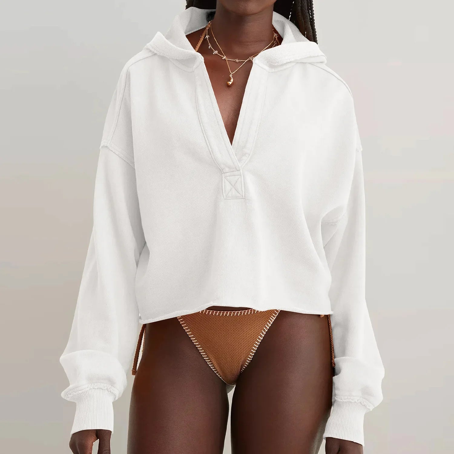 Cropped Hoodie Women Relaxed Fit Cotton Blend Casual