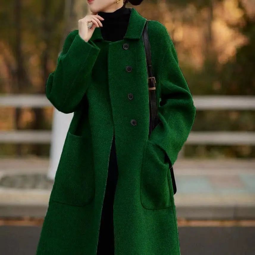 Wool Blend Overcoat Women Long Green Button Front