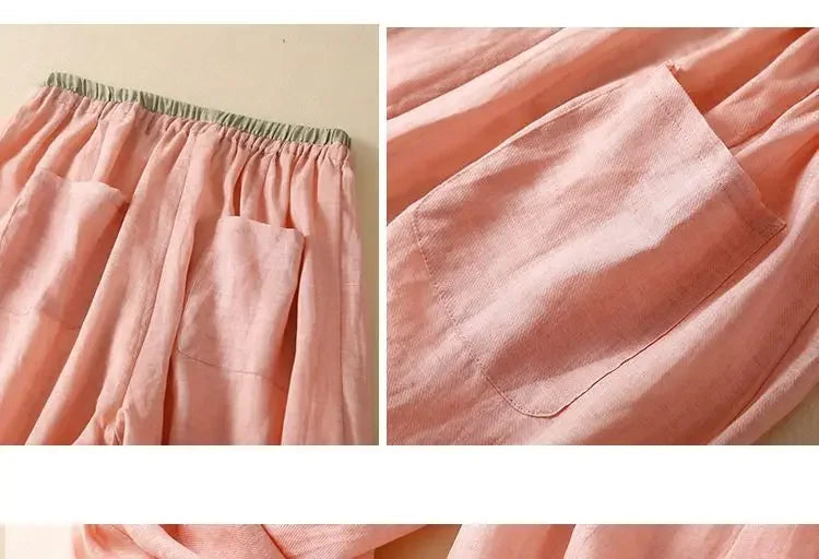 Beige tapered linen trousers for women featuring loose, pull-on style and comfortable fit, ideal for casual or stylish wear.