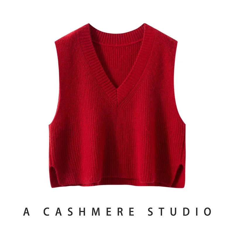 Ribbed Cashmere Vest Women V-Neck Sleeveless Knit