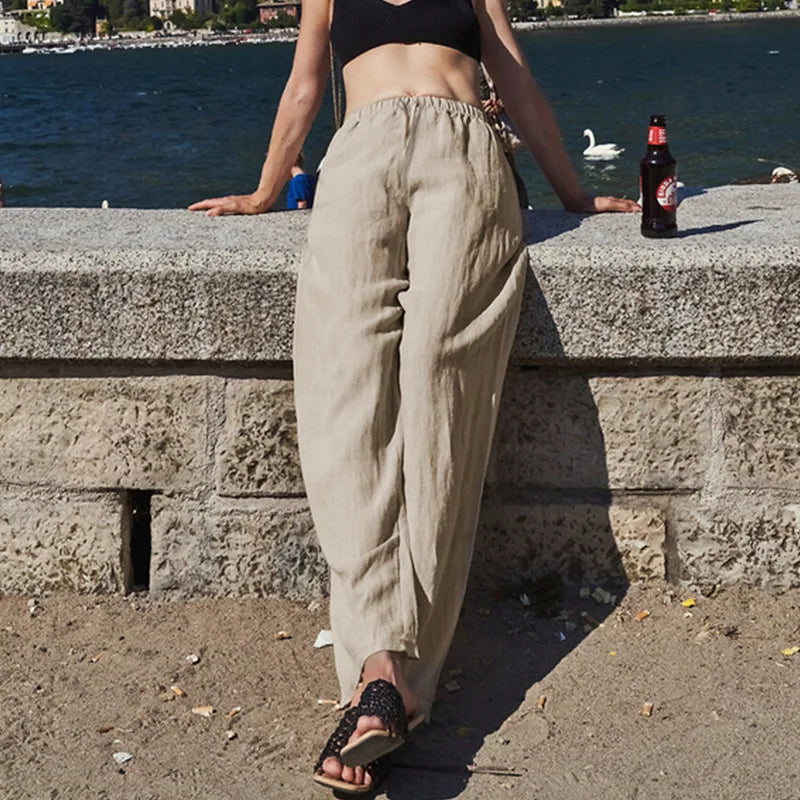 Women’s Knit Wide-Leg Drawstring Trousers, loose pull-on pants with a relaxed fit and comfortable knit fabric.