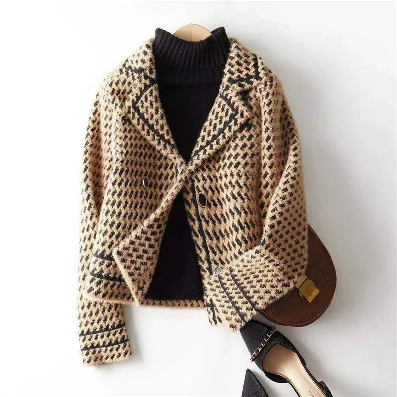 Houndstooth Knit Jacket Women Cropped Double Breasted