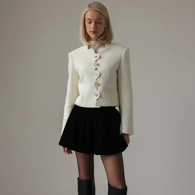 Cropped Cotton Blend Jacket Women Long Sleeve Button Front