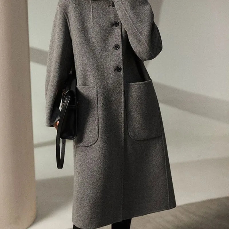 Wool Blend Overcoat Women Long Green Button Front