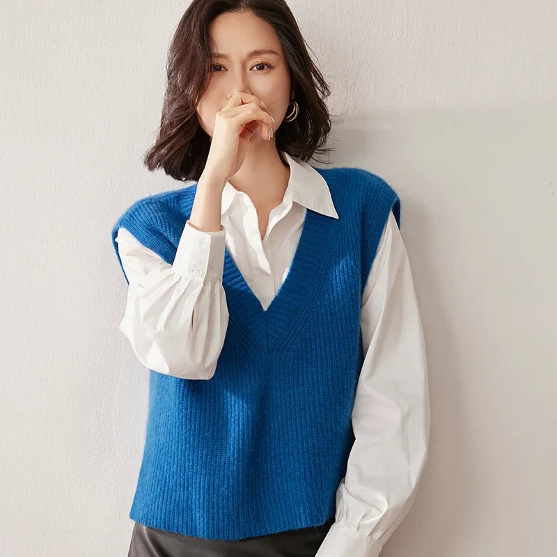Ribbed Cashmere Vest Women V-Neck Sleeveless Knit
