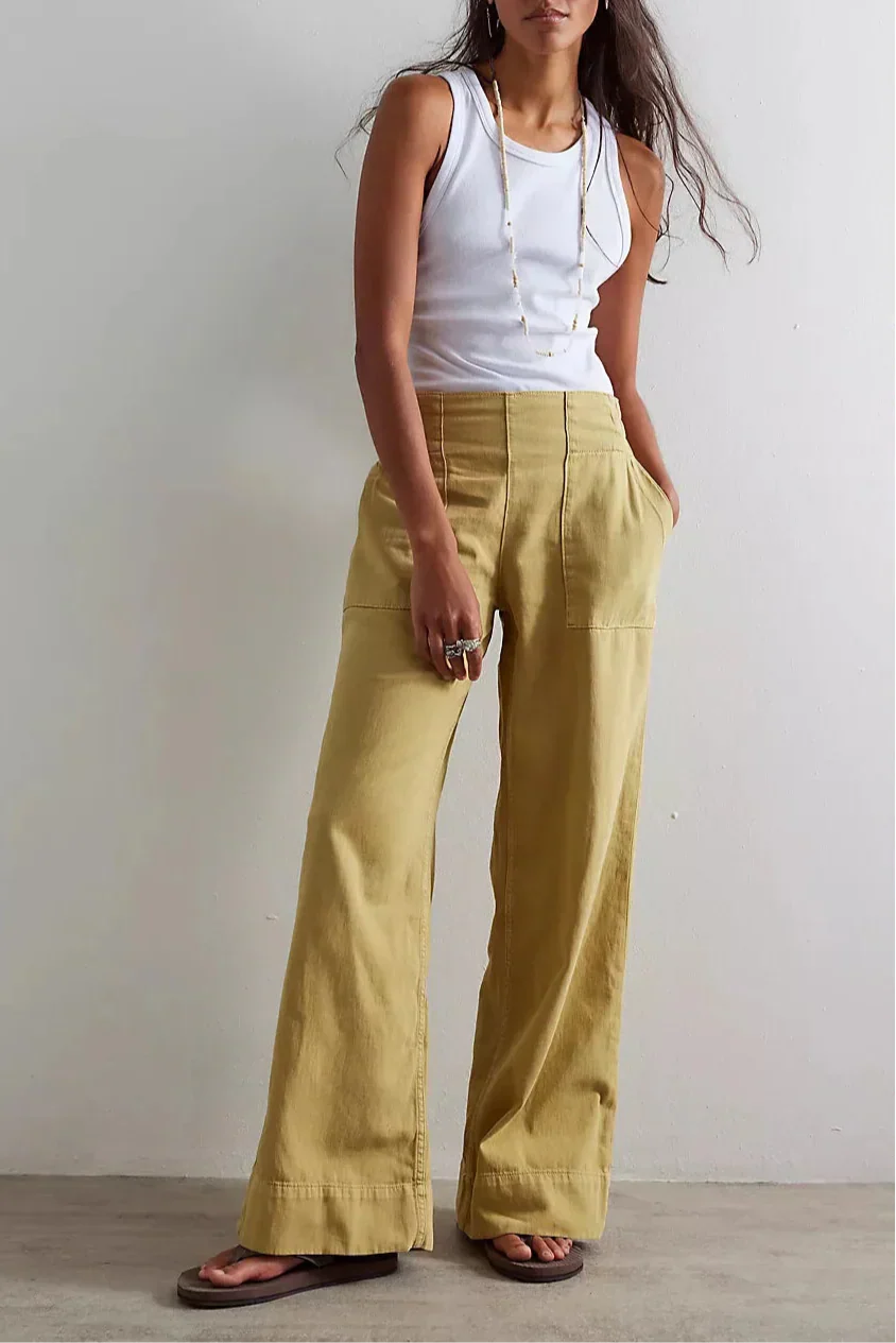 Blue denim wide-leg women's jeans with relaxed fit, featuring classic five-pocket design and belt loops.