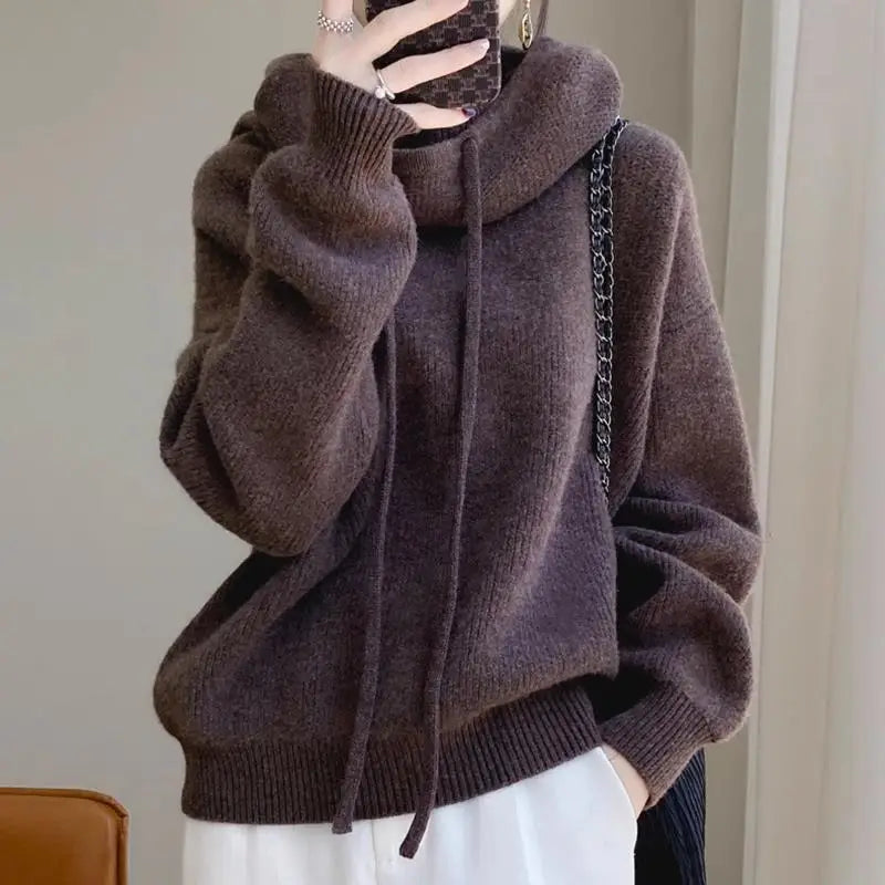 Knit Hoodie Women Relaxed Fit Ribbed Trim Long Sleeve