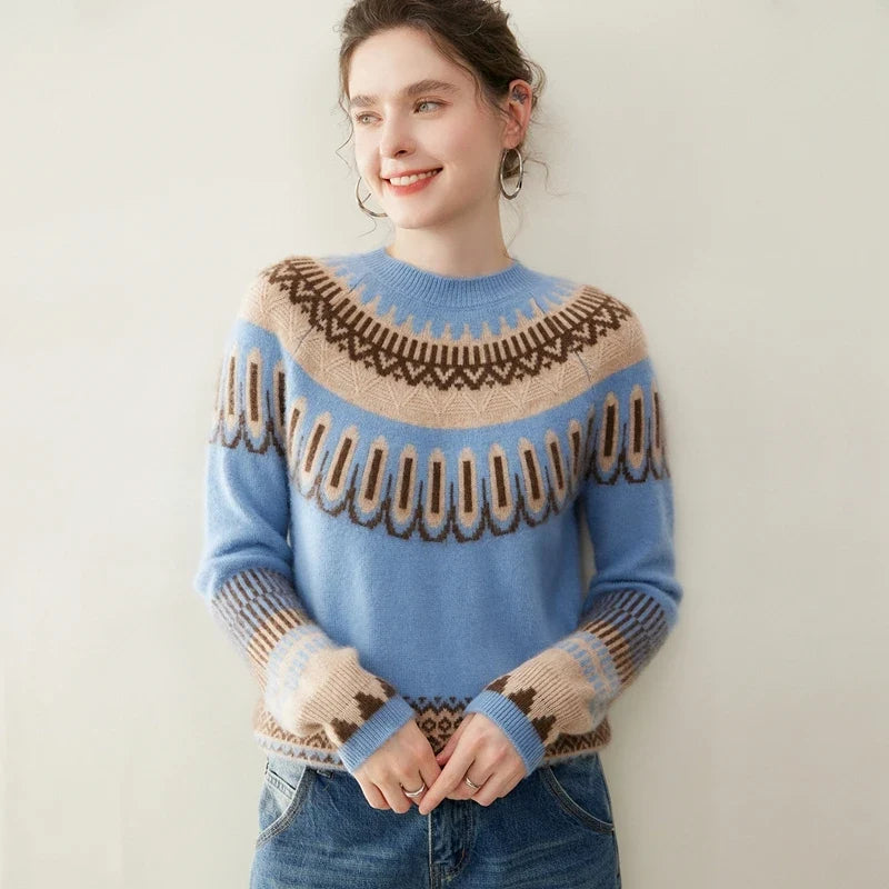 Fair Isle Cashmere Sweater Women Crew Neck Ribbed Knit