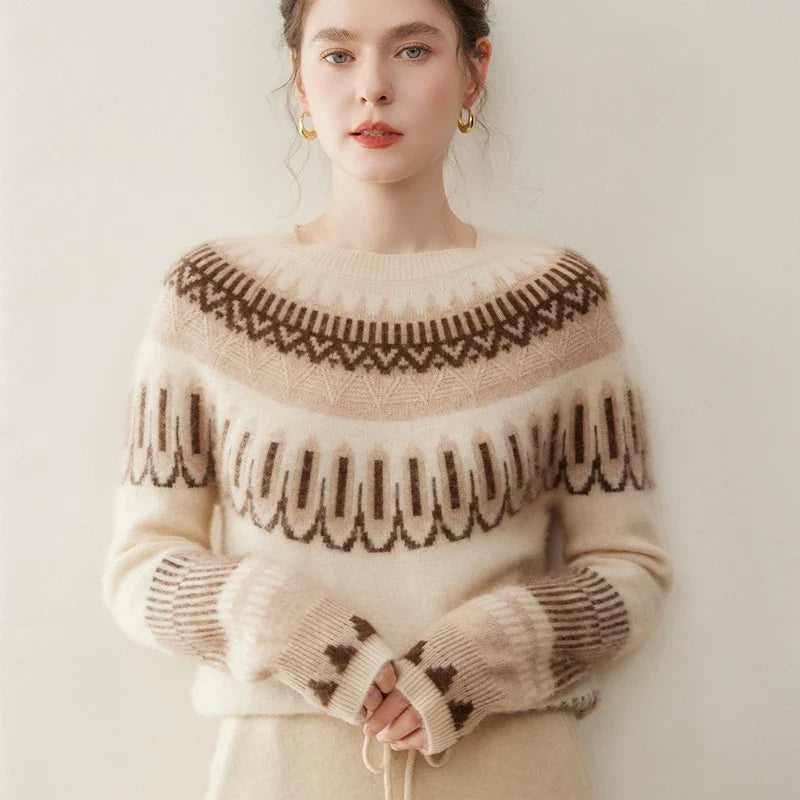 Fair Isle Cashmere Sweater Women Crew Neck Ribbed Knit