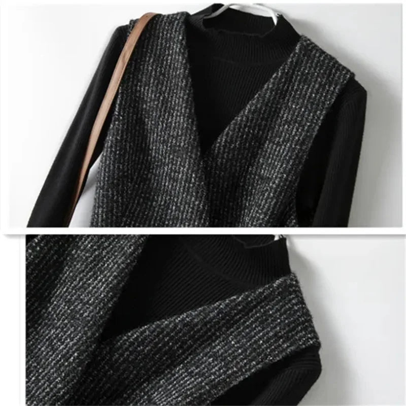 Tweed Wrap Vest Women Longline Belted Textured
