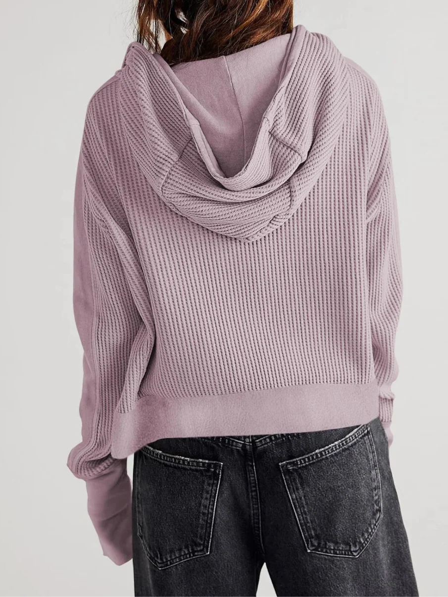 Cropped Waffle Hoodie Women Cotton Zip Front Hooded