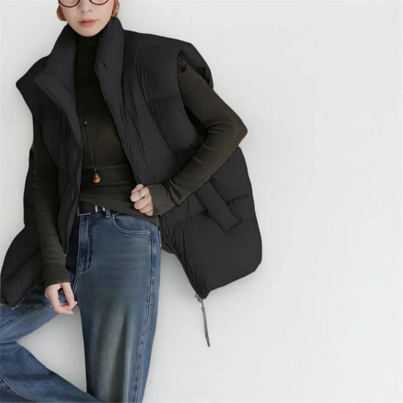 Down Padded Vest Women Cropped Stand Collar Insulated