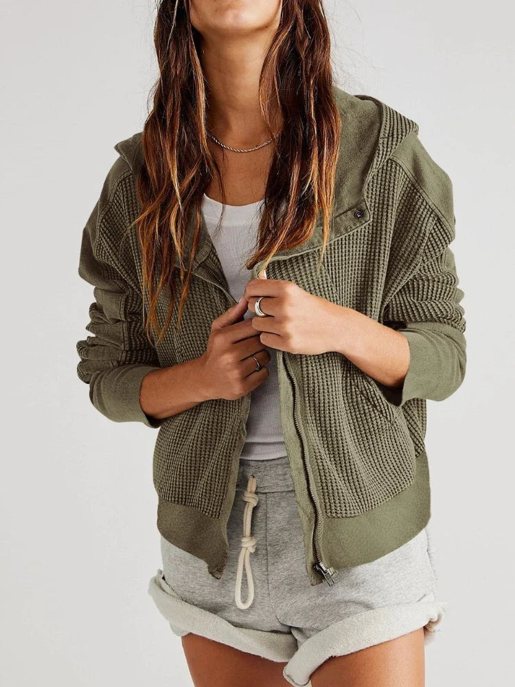 Cropped Waffle Hoodie Women Cotton Zip Front Hooded