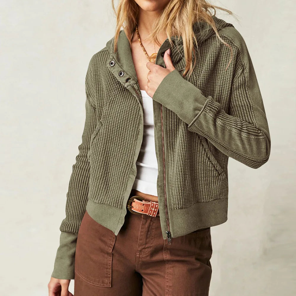 Cropped Waffle Hoodie Women Cotton Zip Front Hooded