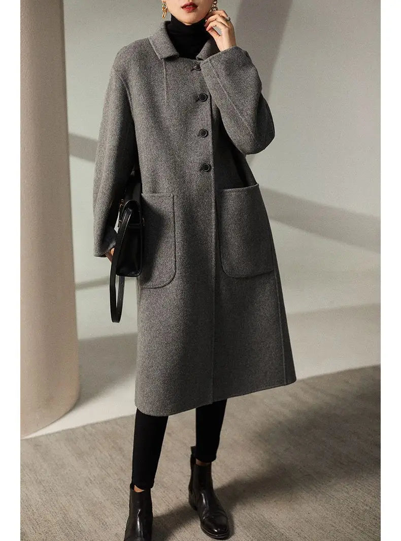 Wool Blend Overcoat Women Long Green Button Front