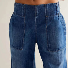 Blue denim wide-leg women's jeans with relaxed fit, featuring classic five-pocket design and stylish high-rise cut.