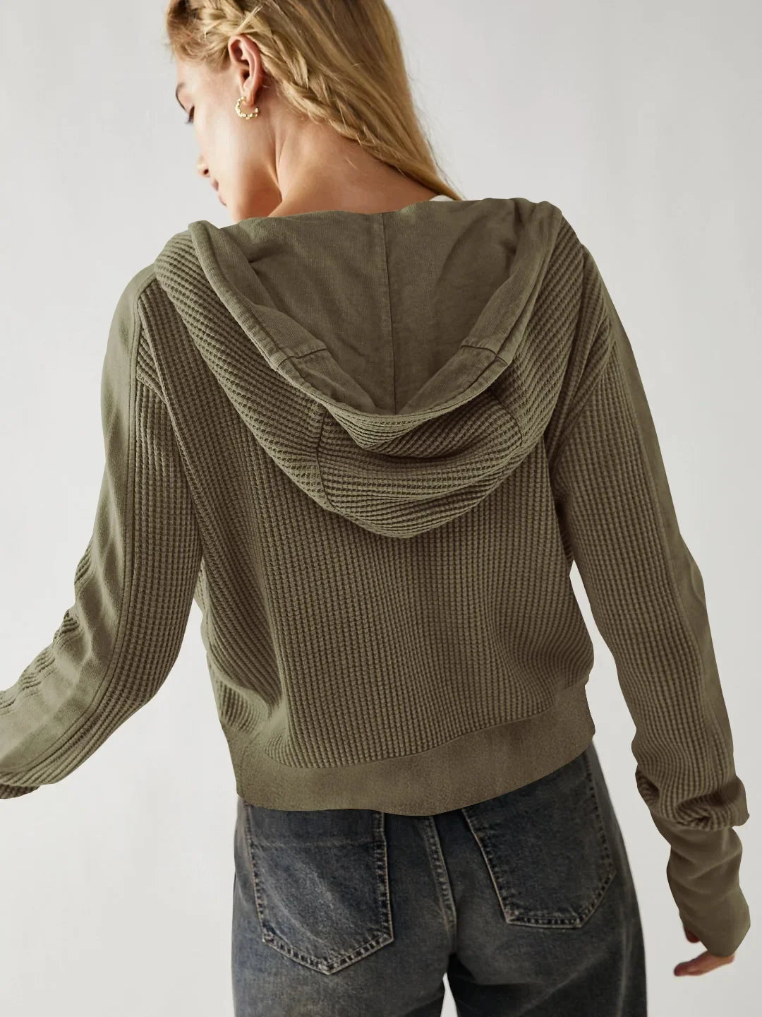 Cropped Waffle Hoodie Women Cotton Zip Front Hooded