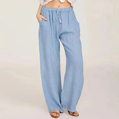 Women’s cotton linen wide-leg drawstring trousers with a loose pull-on fit, showcasing relaxed, comfortable stylish pants.