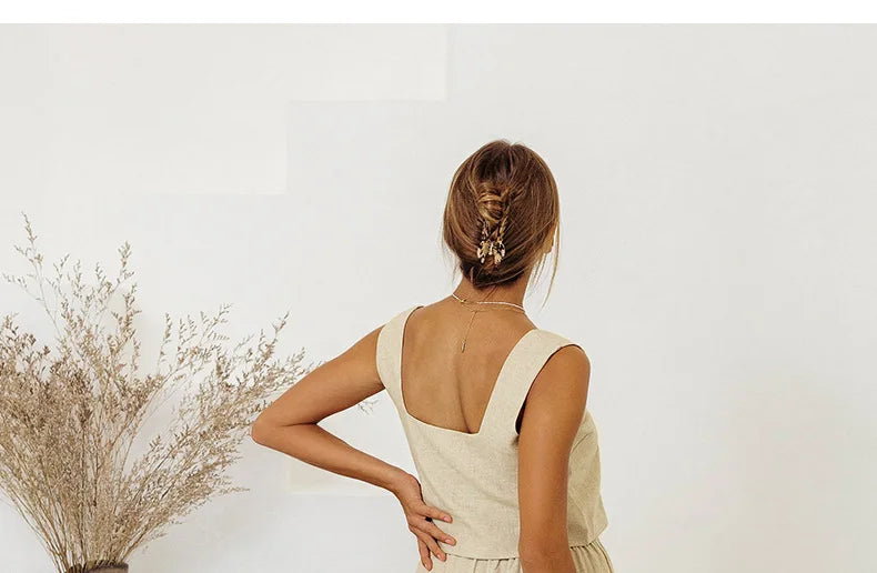 Light beige linen wide-leg trousers for women, loose pull-on style, relaxed fit, casual and comfortable daily pants.