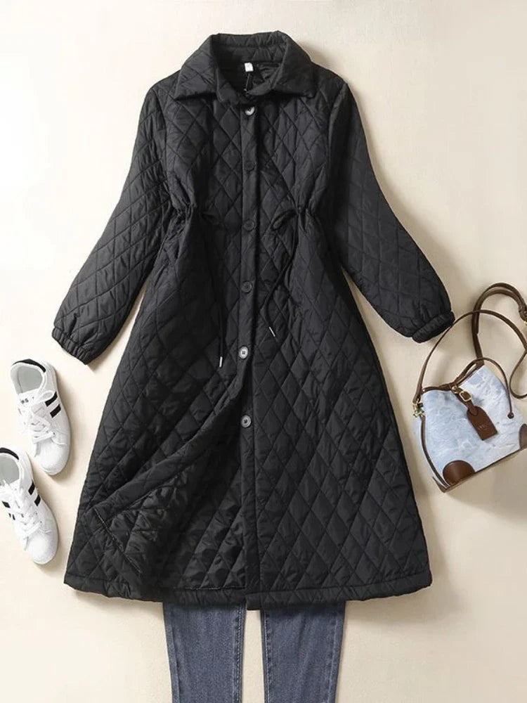 Quilted Long Coat Women Belted Button Front Longline