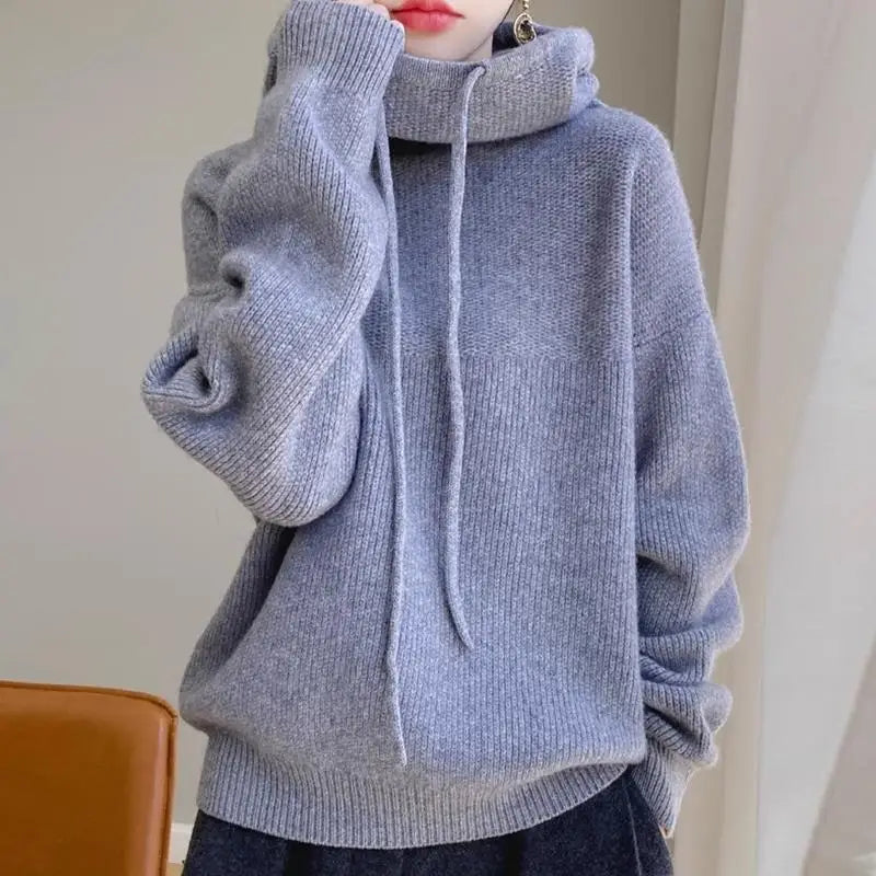 Knit Hoodie Women Relaxed Fit Ribbed Trim Long Sleeve