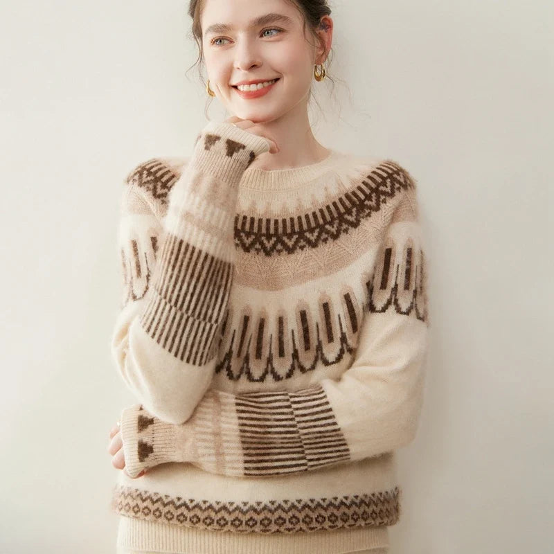 Fair Isle Cashmere Sweater Women Crew Neck Ribbed Knit