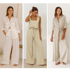 Women’s linen wide-leg trousers, loose pull-on pants with relaxed fit and comfortable waistband, stylish for casual wear.