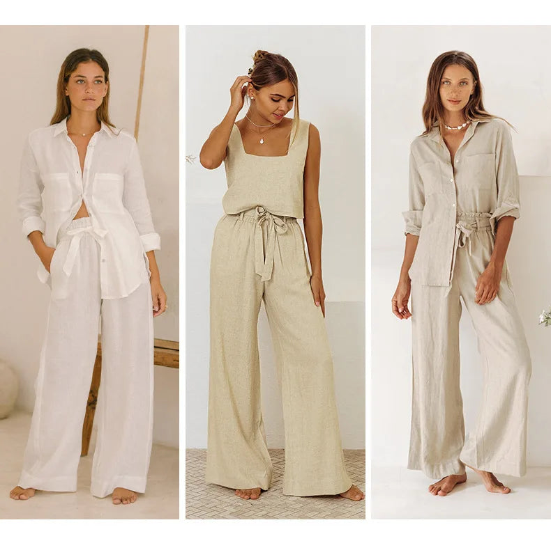 Women’s linen wide-leg trousers, loose pull-on pants with relaxed fit and comfortable waistband, stylish for casual wear.
