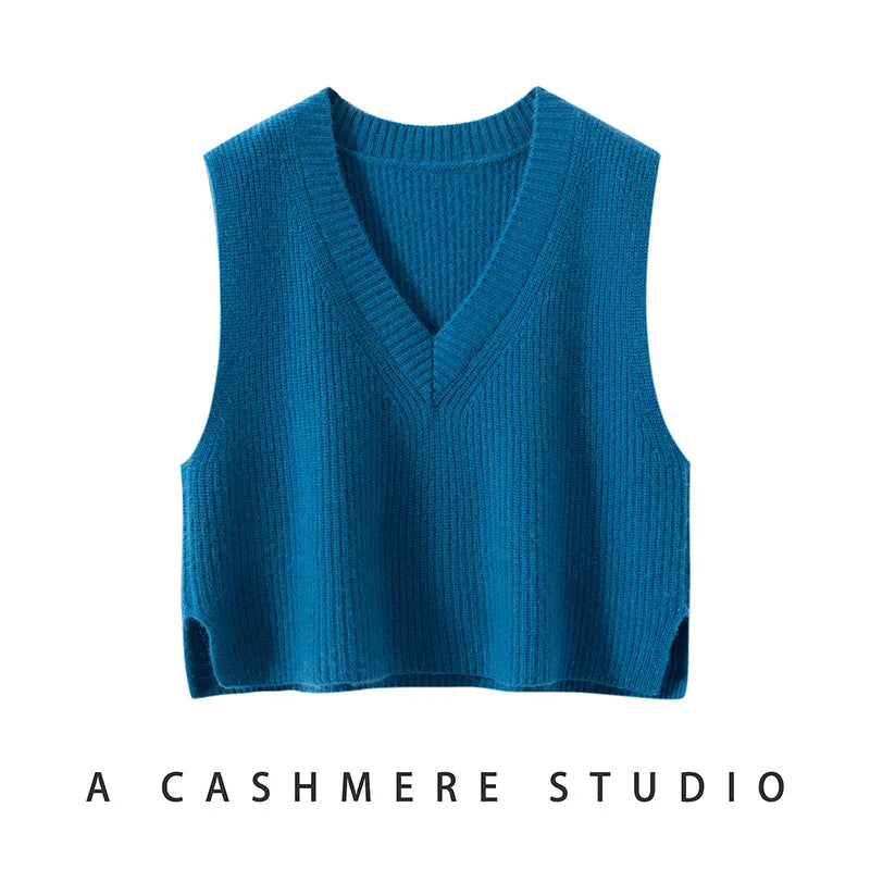 Ribbed Cashmere Vest Women V-Neck Sleeveless Knit