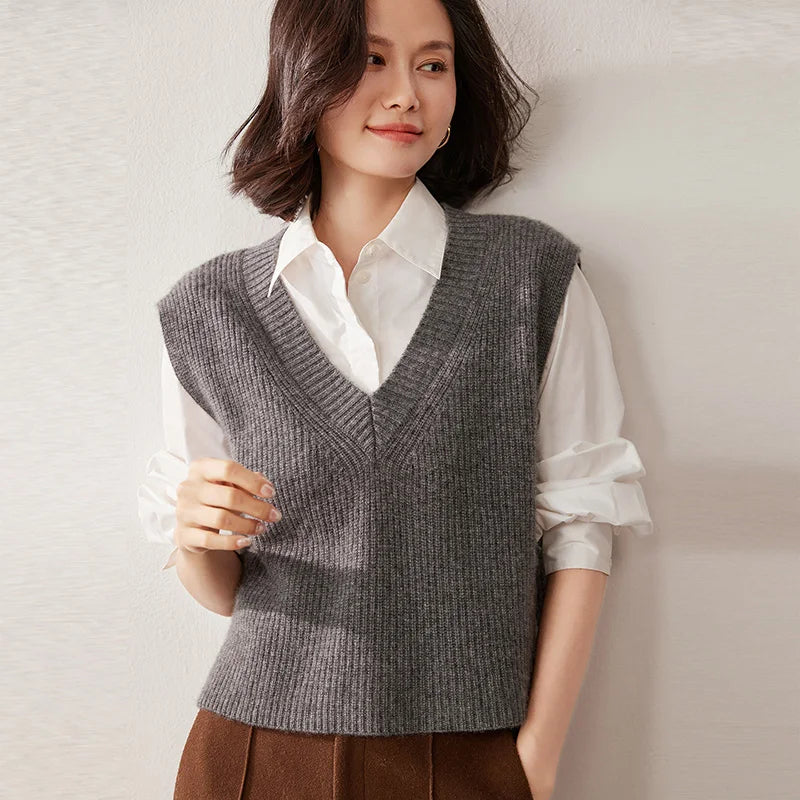 Ribbed Cashmere Vest Women V-Neck Sleeveless Knit