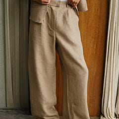 Women's high-waist wide-leg linen blend trousers, loose pull-on pants, in a relaxed fit with a comfortable, stylish design.