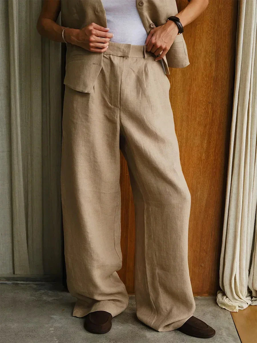 Women's high-waist wide-leg linen blend trousers, loose pull-on pants, in a relaxed fit with a comfortable, stylish design.