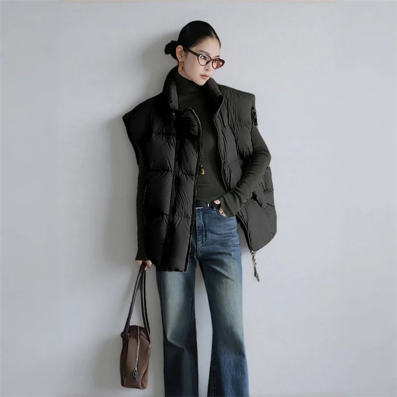 Down Padded Vest Women Cropped Stand Collar Insulated