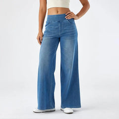 Women's lace wide leg high waist trousers with pull-on design, stylish and comfortable pants for women.