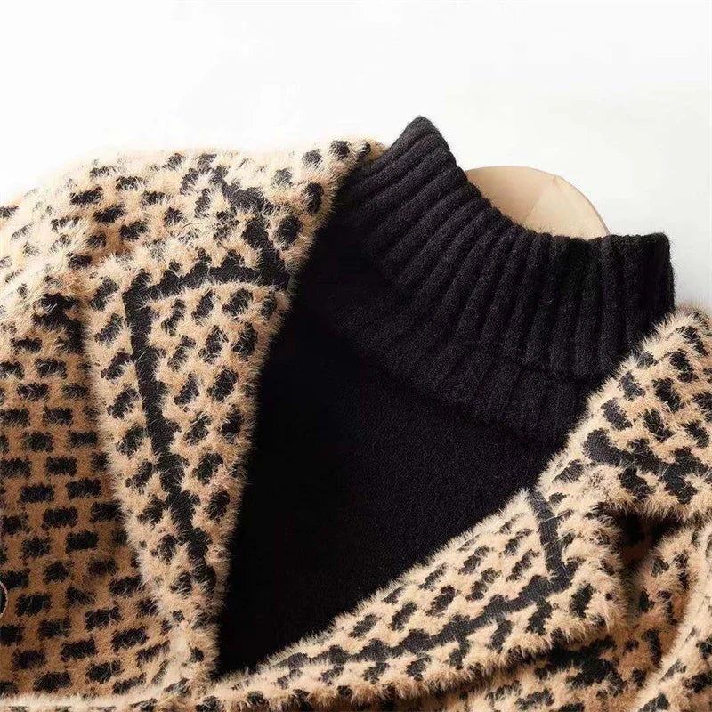 Houndstooth Knit Jacket Women Cropped Double Breasted