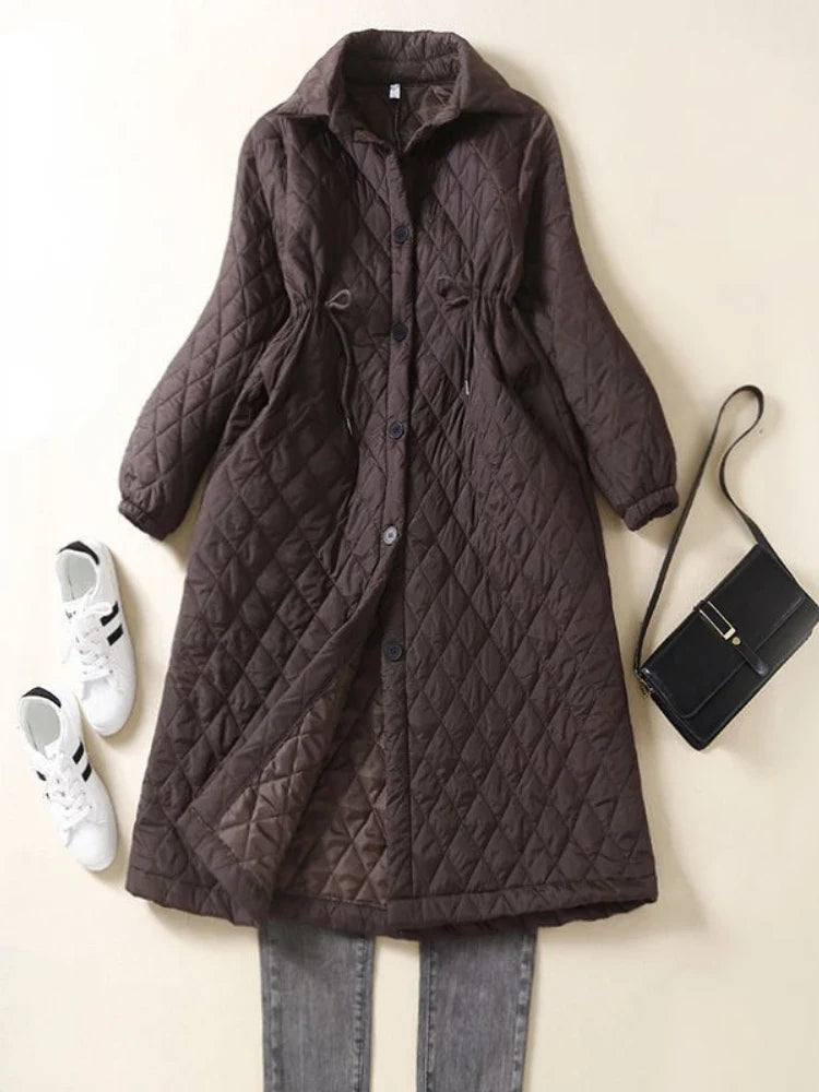 Quilted Long Coat Women Belted Button Front Longline