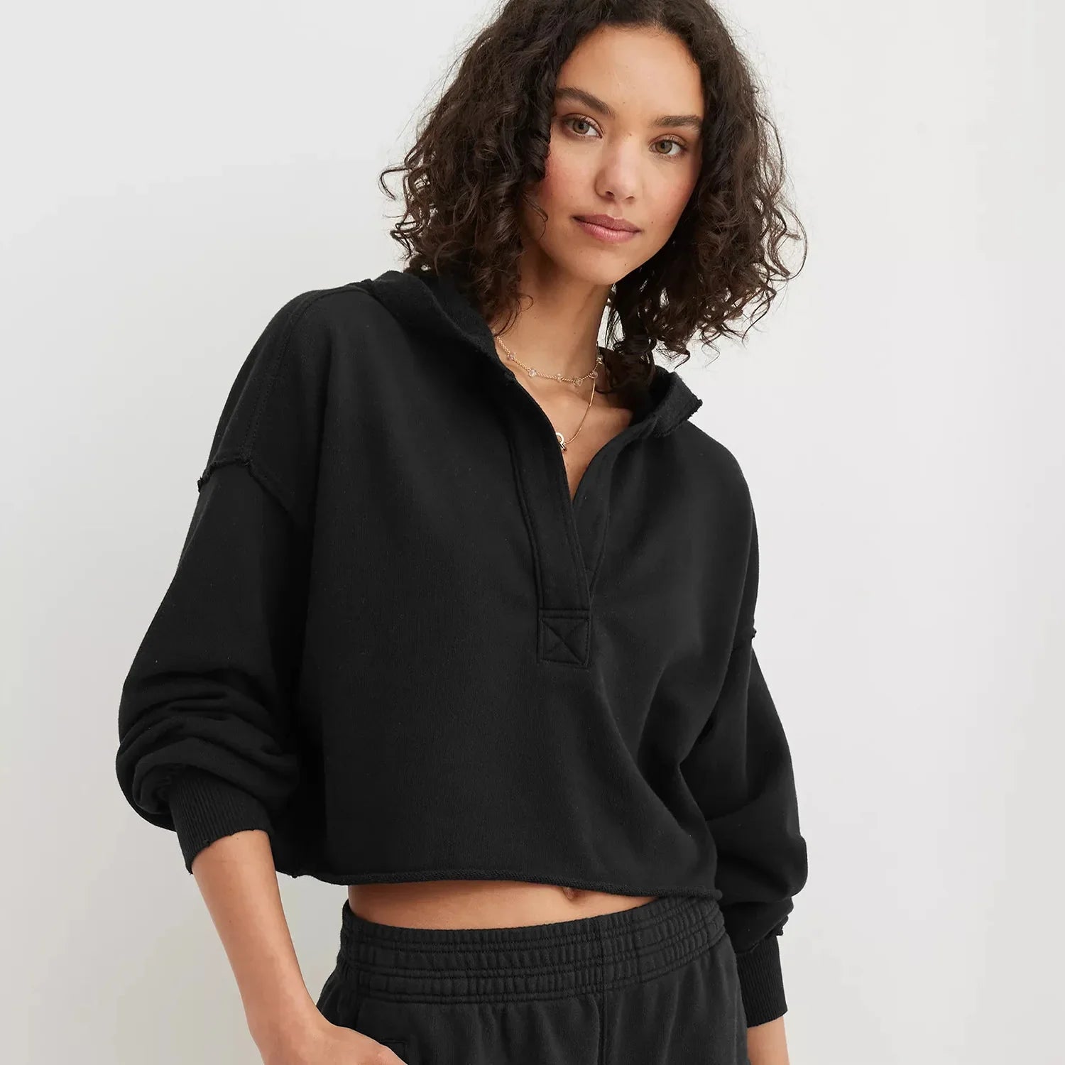 Cropped Hoodie Women Relaxed Fit Cotton Blend Casual