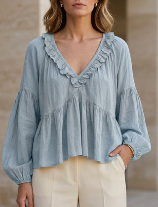 Sky blue women's summer blouse with V-neck, long sleeves, denim fabric, and ruffle details from My Store.