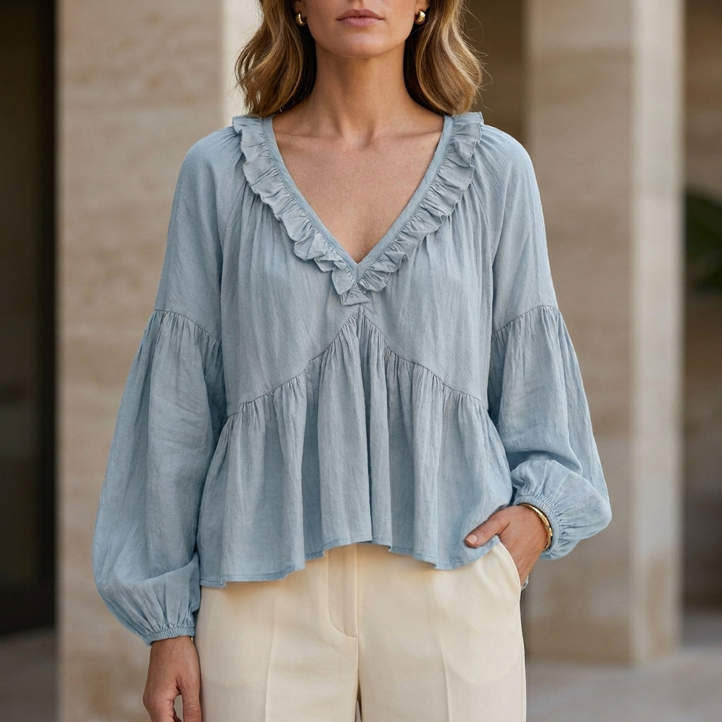 Sky blue women's summer blouse with V-neck, long sleeves, denim fabric, and ruffle details from My Store.