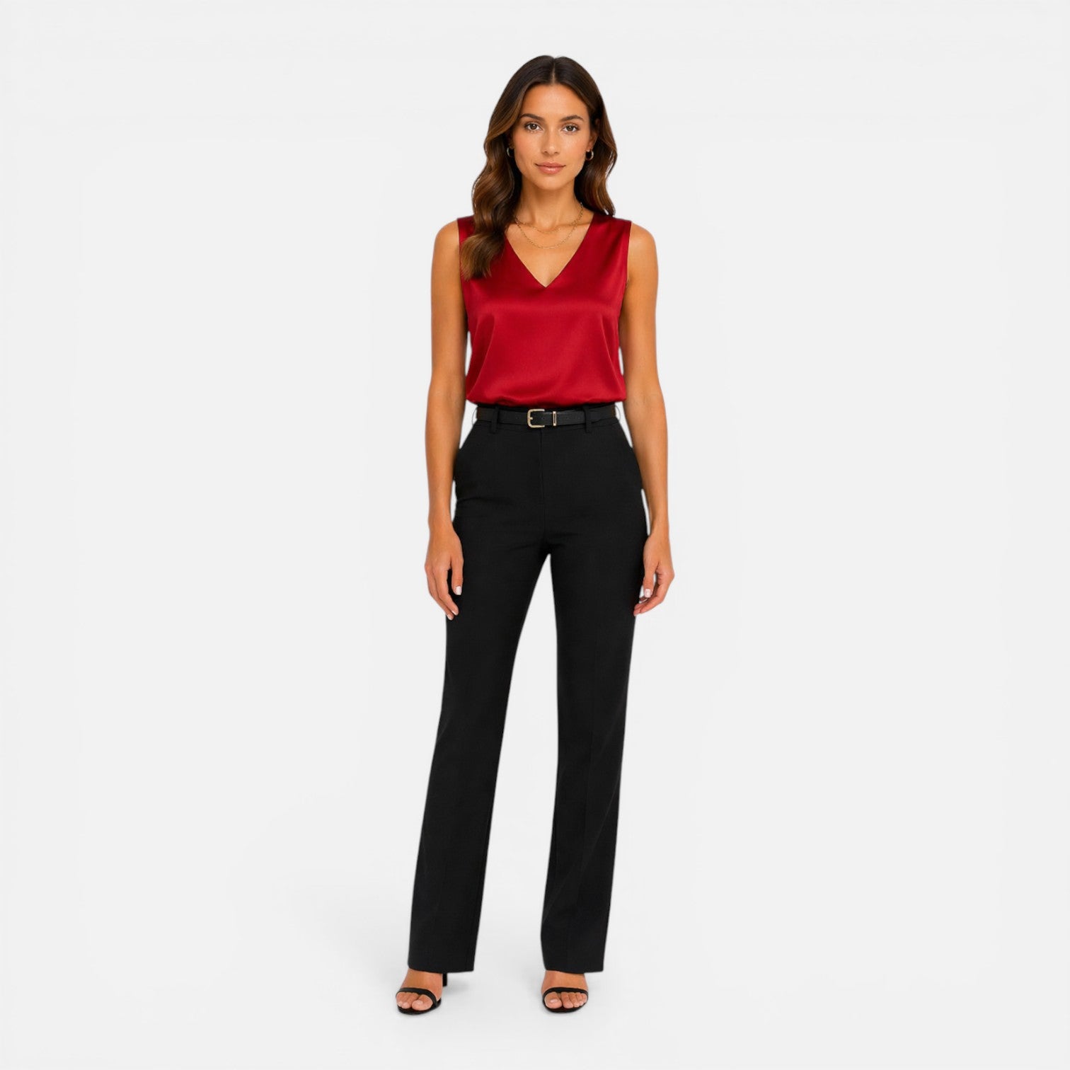 Elegant women's satin sleeveless V-neck blouse with silky finish, perfect for stylish occasions, by My Store.